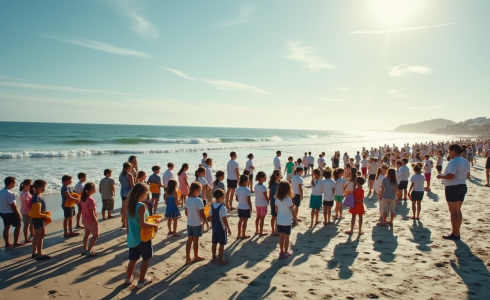 Illustration of children and teachers committed to protecting the ocean.